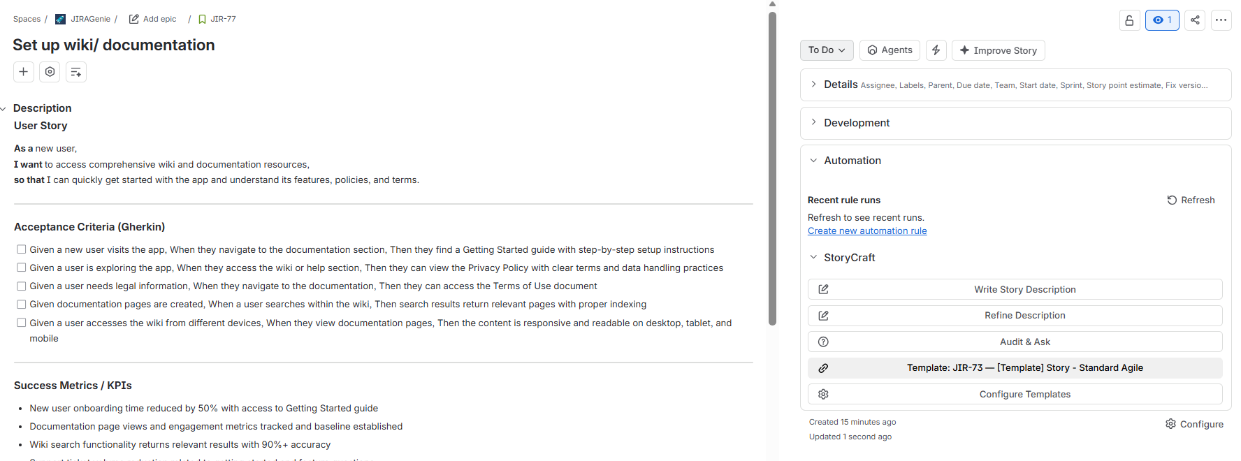 Jira issue screen showing the StoryCraft panel opened in the right-hand sidebar with controls for Generate, Refine, and Audit & Ask
