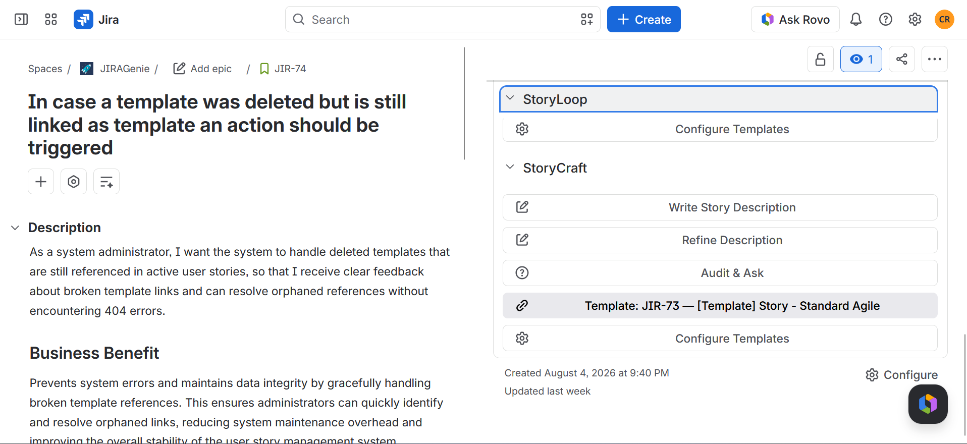 StoryCraft Jira Sidebar Panel Preview